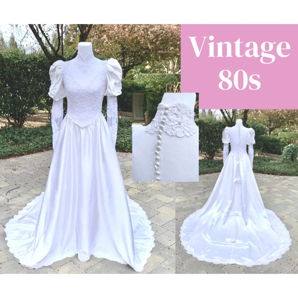 Vintage 80s Poof Sleeve Wedding Dress Victorian Edwardian Cottage Core SZ ~6-8P - Picture 2 of 14